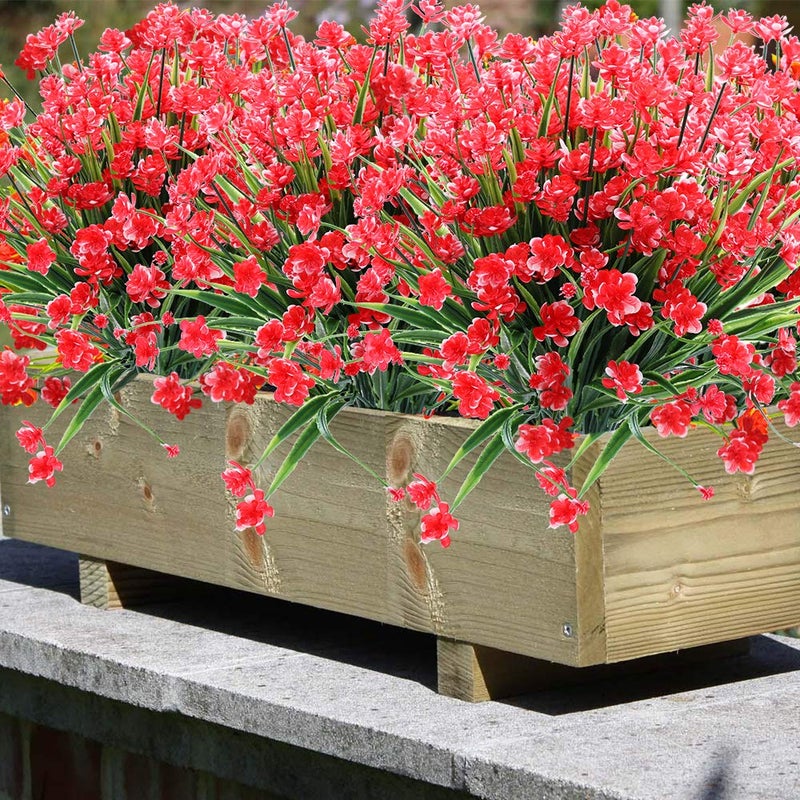 ArtBloom 8 Bundles Outdoor Artificial Fake Flowers UV Resistant Shrubs Plants, Faux Plastic Greenery for Indoor Outside Hanging Plants Garden Porch Window Box Home Wedding Farmhouse Decor (Red) - Image 2